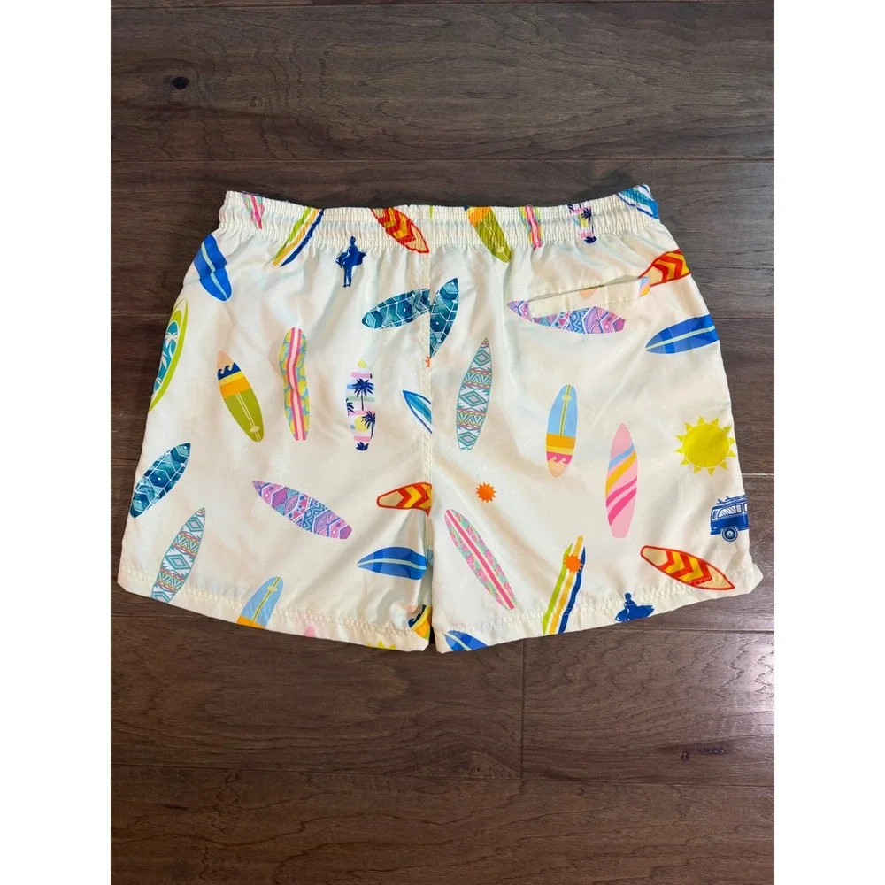 Island Planet Mens Swim Trunks XXL White Surfboard Print Mesh Lined Board Shorts